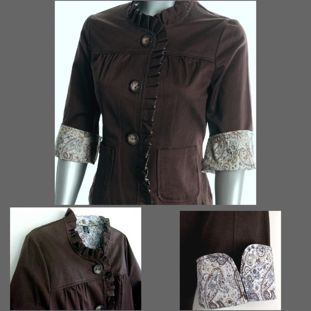 NWT Ruffled shirt jacket XL Cotton bl Brown Paisley trim Pockets Buttons Swing